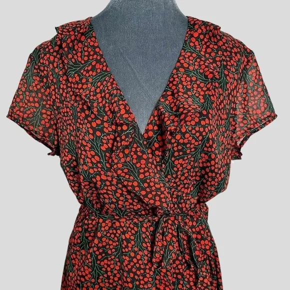 Bardot goth coquette cherry fruit print mini red & black ruffle party dress 12 - Picture 2 of 8